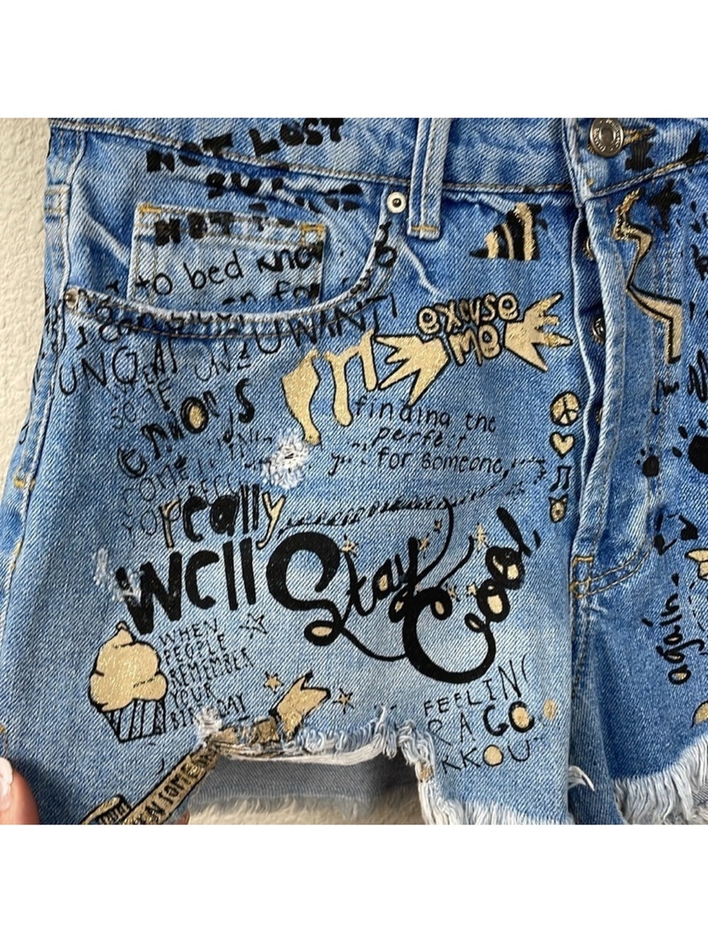 Zara Blue Denim Graffiti Jean Shorts with Black & Gold Accents - Picture 4 of 9
